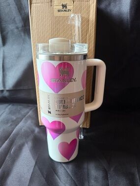 New Stanley 40oz Tumbler White with Pink Heart Designs
